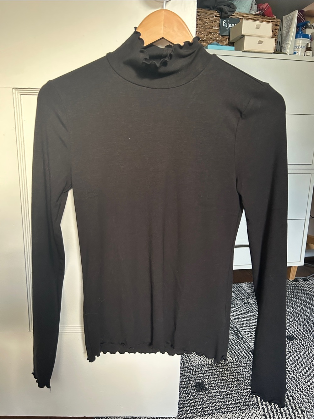 J. Crew Black Lettuce-Edge Mock Neck Long Sleeve Top